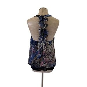 Pure Sugar Blue Abstract Floral Ruffle T-Back Halter Tank Top Blouse Womens